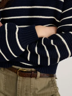 Fashion Alex Mill Button-Back Crewneck Sweater In Stripe Dark Navy/Ivory