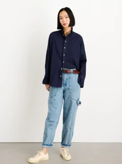 New Alex Mill Easy Ruffle Shirt In Paper Poplin Dark Navy
