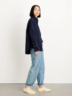 New Alex Mill Easy Ruffle Shirt In Paper Poplin Dark Navy