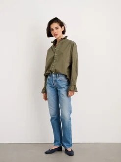 Online Alex Mill Easy Ruffle Shirt In Paper Poplin Dusty Olive