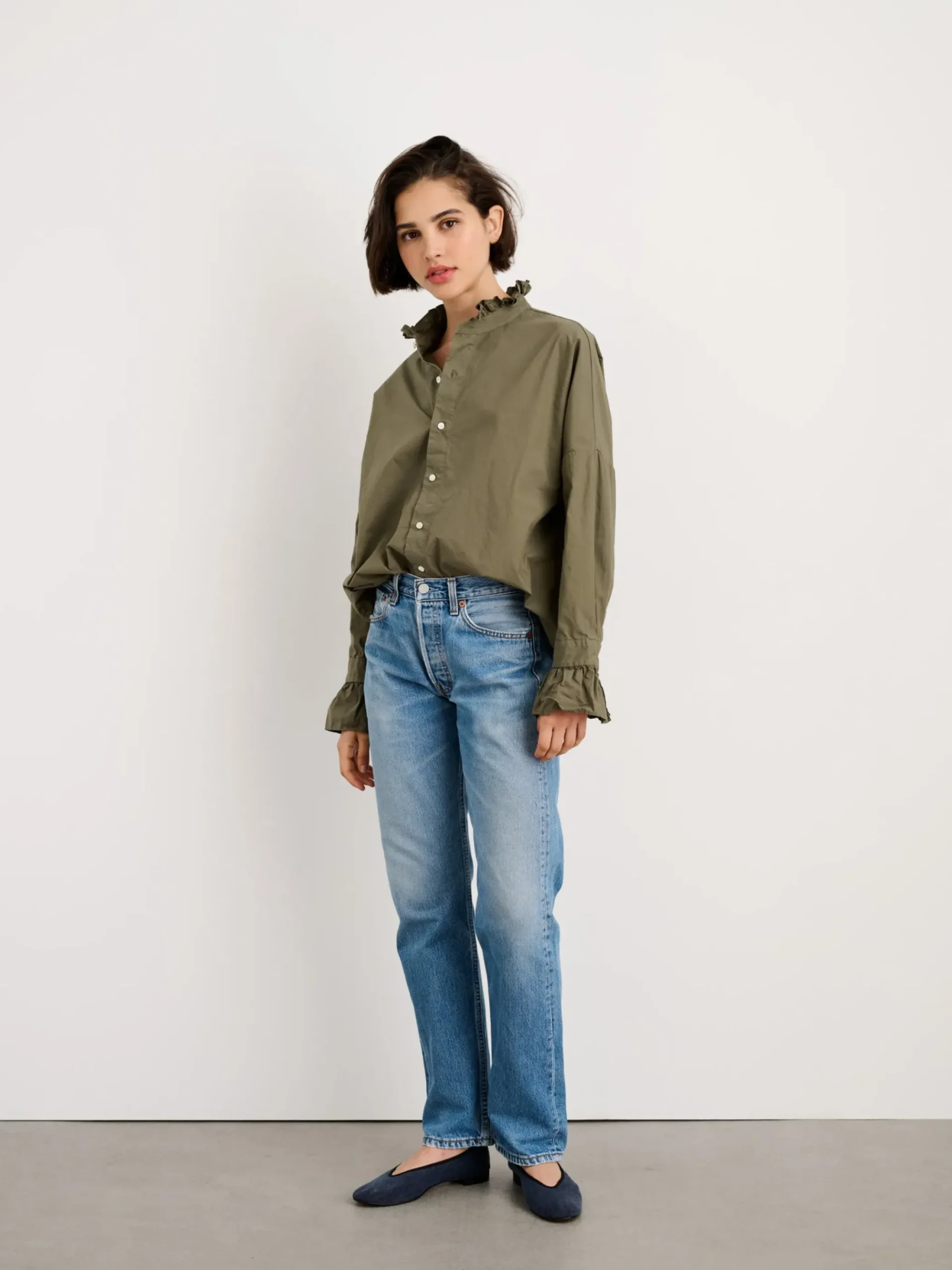 Online Alex Mill Easy Ruffle Shirt In Paper Poplin Dusty Olive