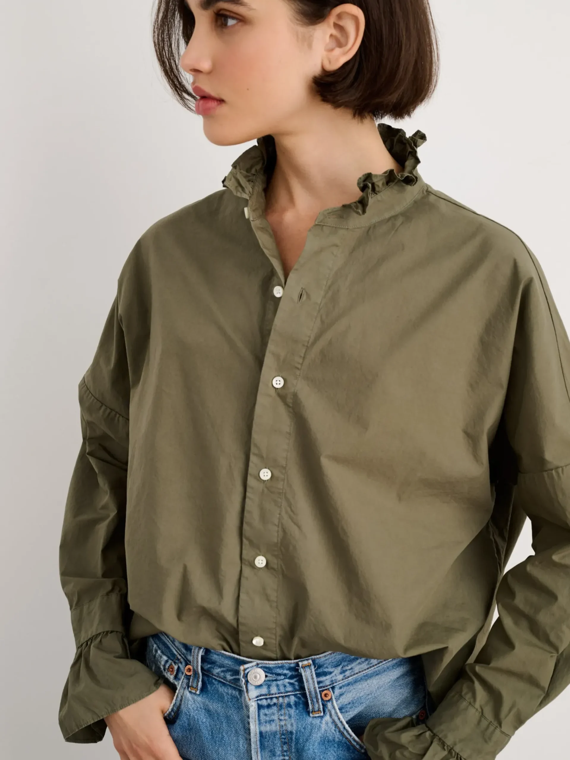 Online Alex Mill Easy Ruffle Shirt In Paper Poplin Dusty Olive