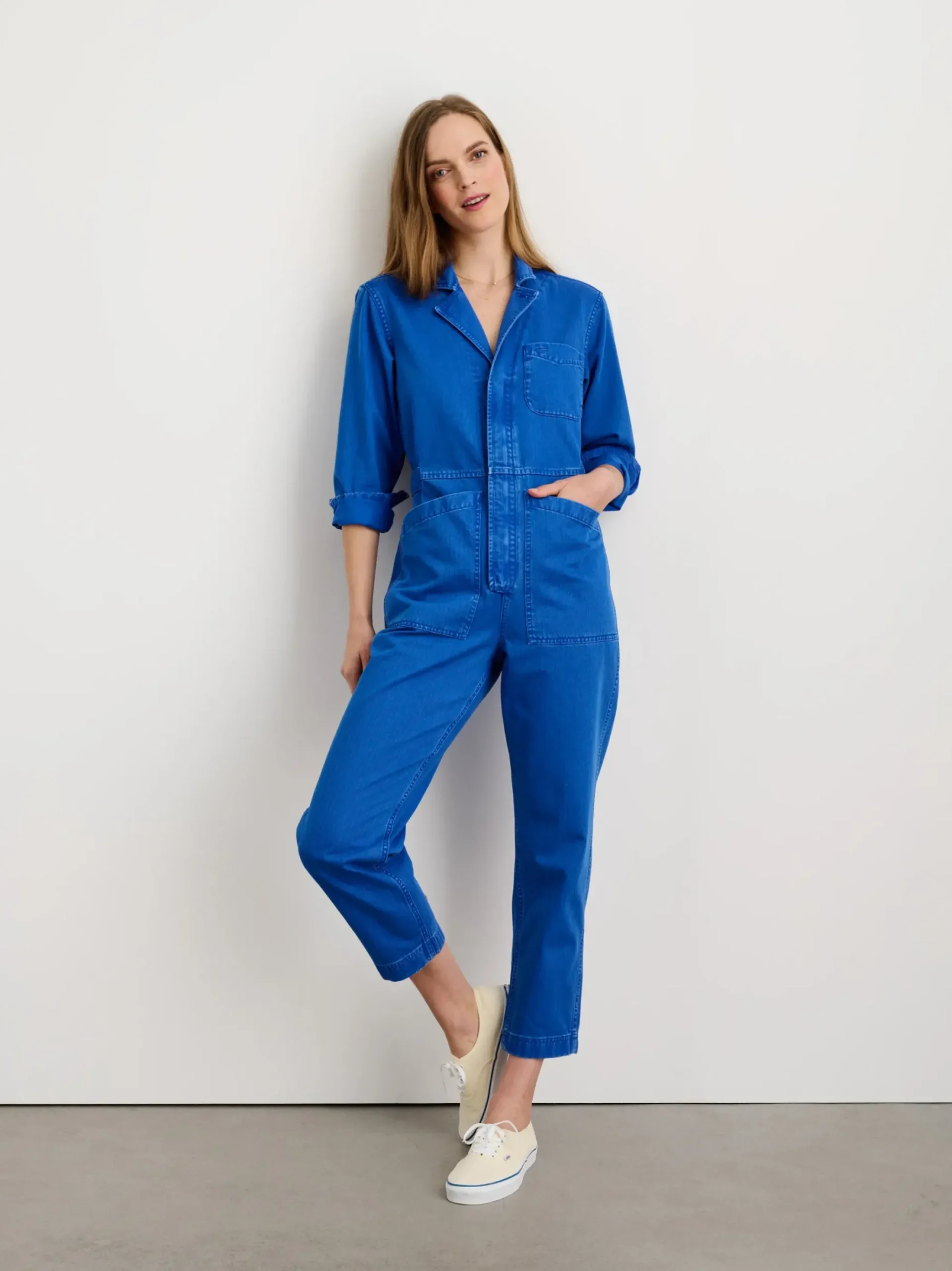 New Alex Mill Standard Zip Jumpsuit In Herringbone Nautical Blue