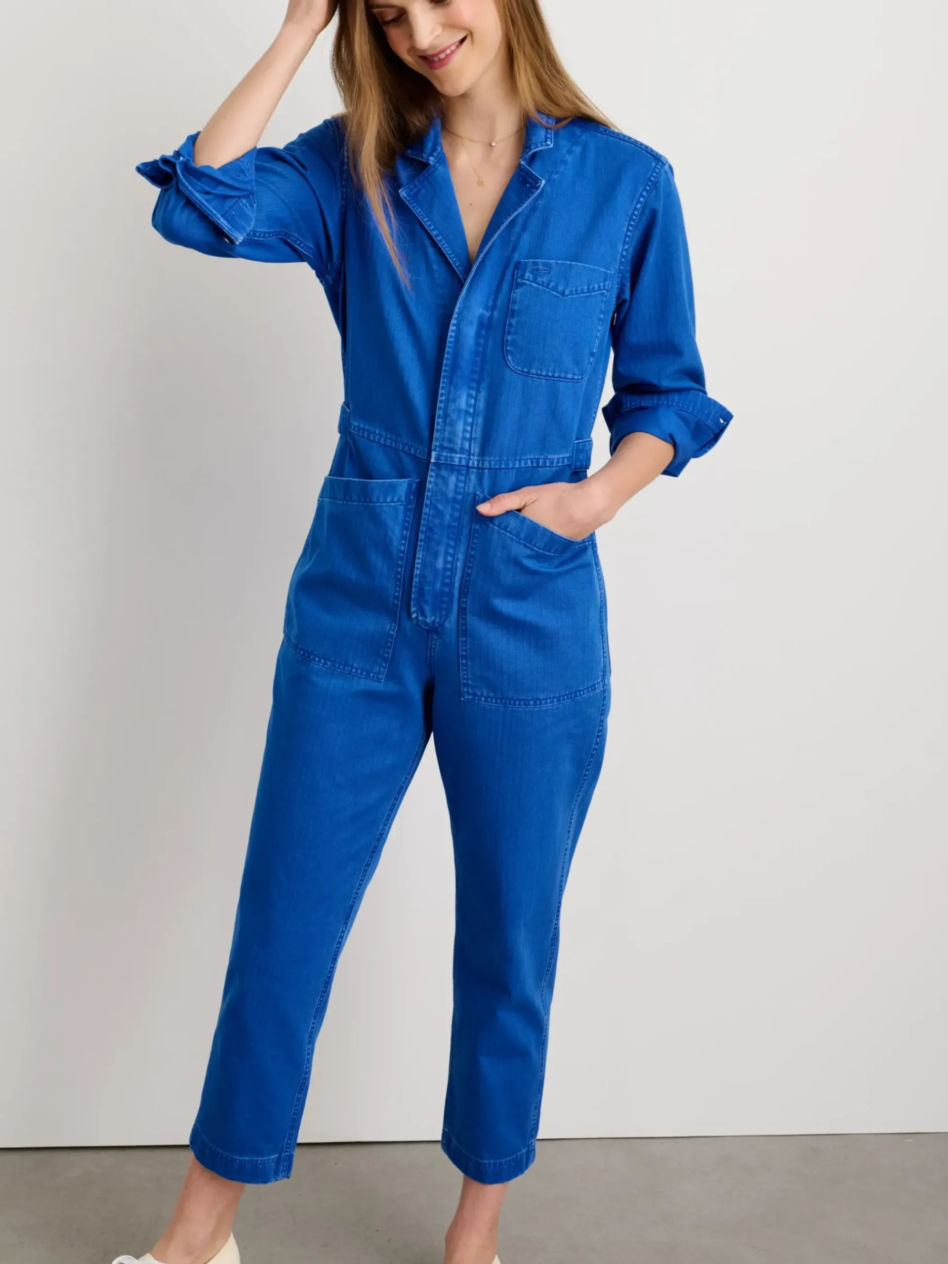 New Alex Mill Standard Zip Jumpsuit In Herringbone Nautical Blue