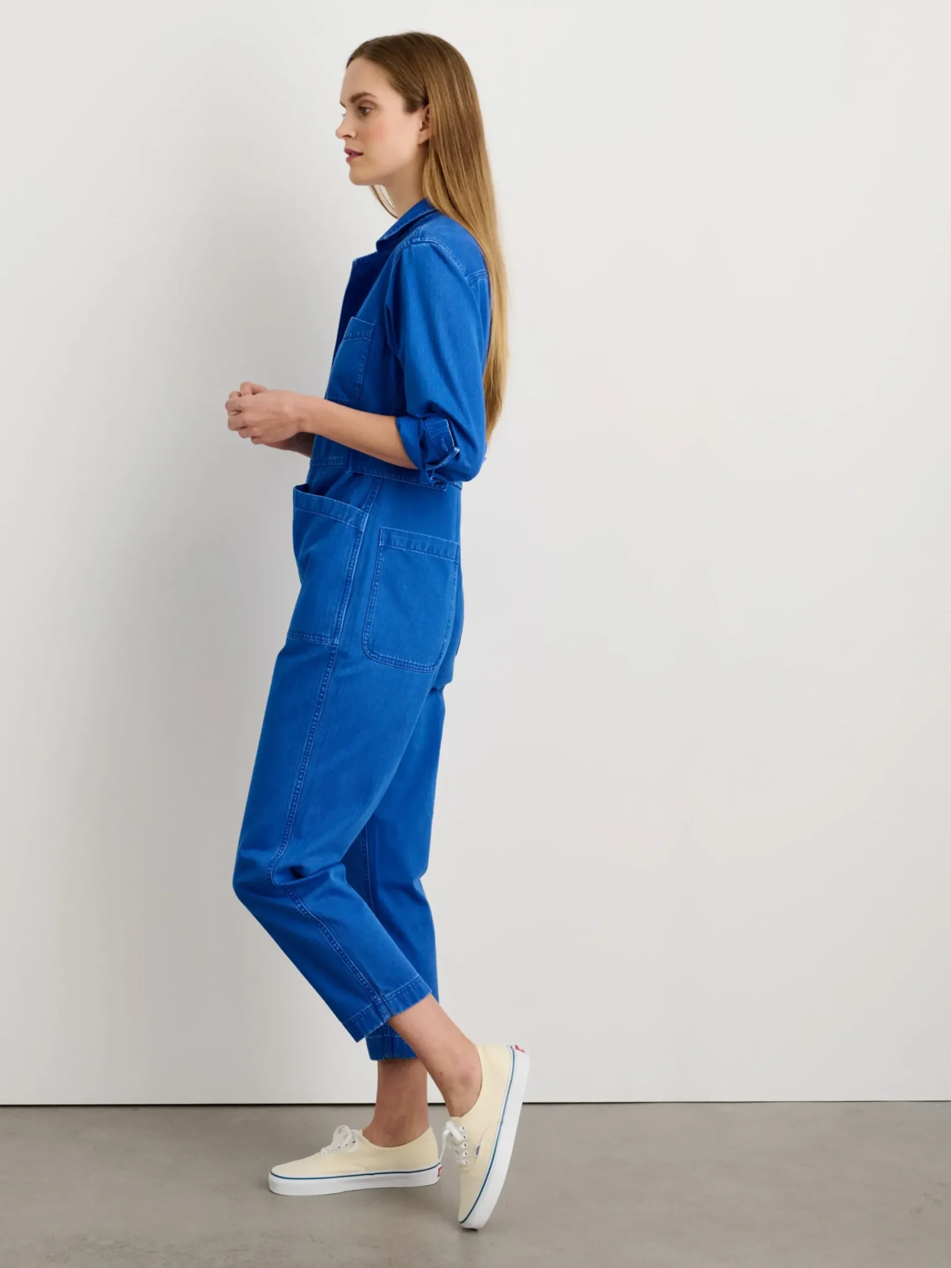 New Alex Mill Standard Zip Jumpsuit In Herringbone Nautical Blue